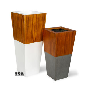 High Tapered Fiberglass Pot With Wood Veneer Surface