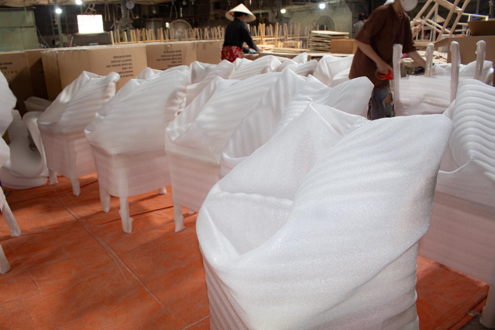 Furniture products prepared with protective export packaging inside a furniture factory Vietnam facility