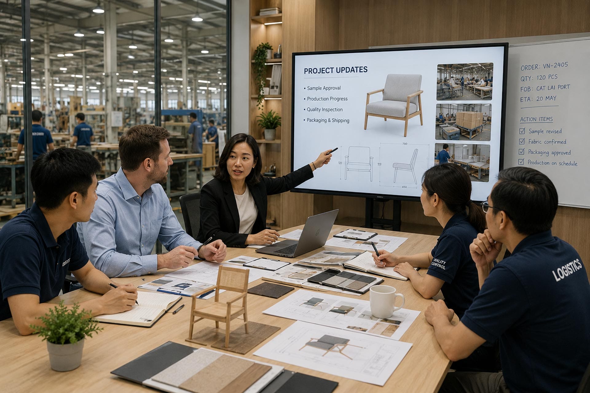 Project coordination meeting inside a furniture factory Vietnam manufacturing operation