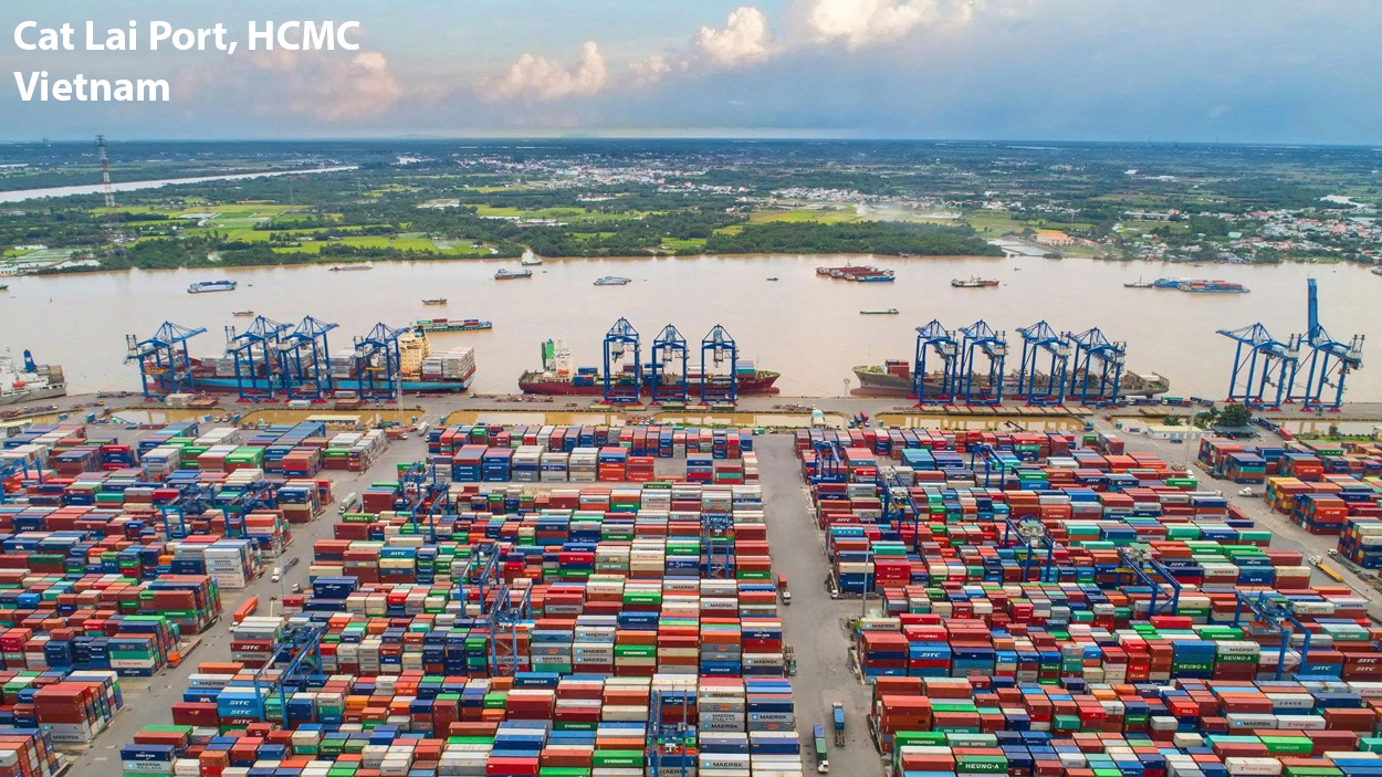 Cat Lai Port in Ho Chi Minh City Vietnam showing container yard and shipping cranes, illustrating logistics supply chain in vietnam vs china furniture cost comparison