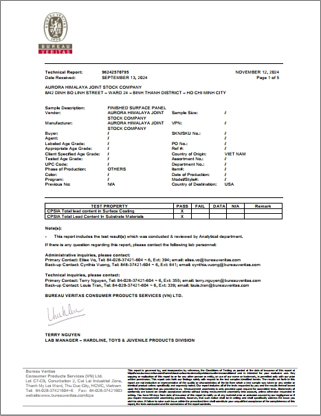 Aurora Craft Furniture Manufacturer Certificate