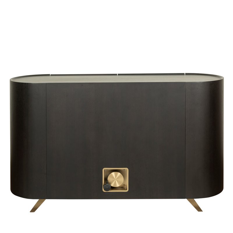 Curved Wood Cabinet with Brass Inlay Detailing