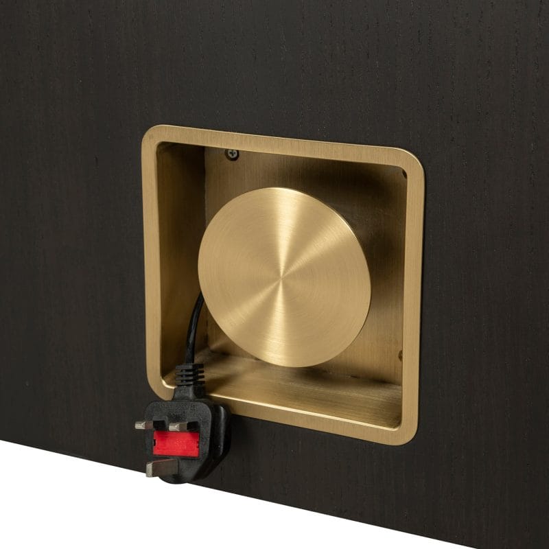 Curved Wood Cabinet with Brass Inlay Detailing