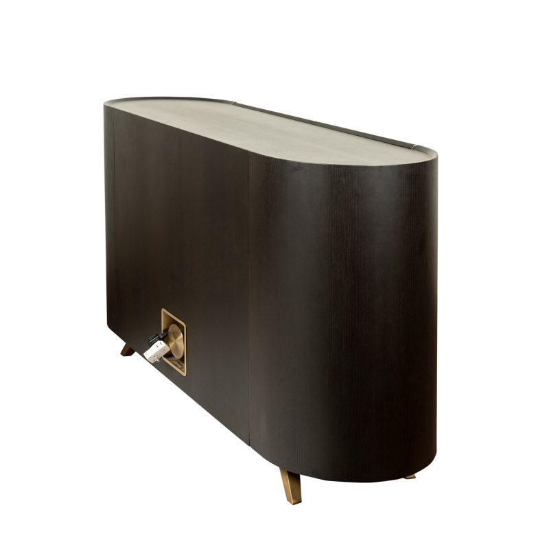 Curved Wood Cabinet with Brass Inlay Detailing