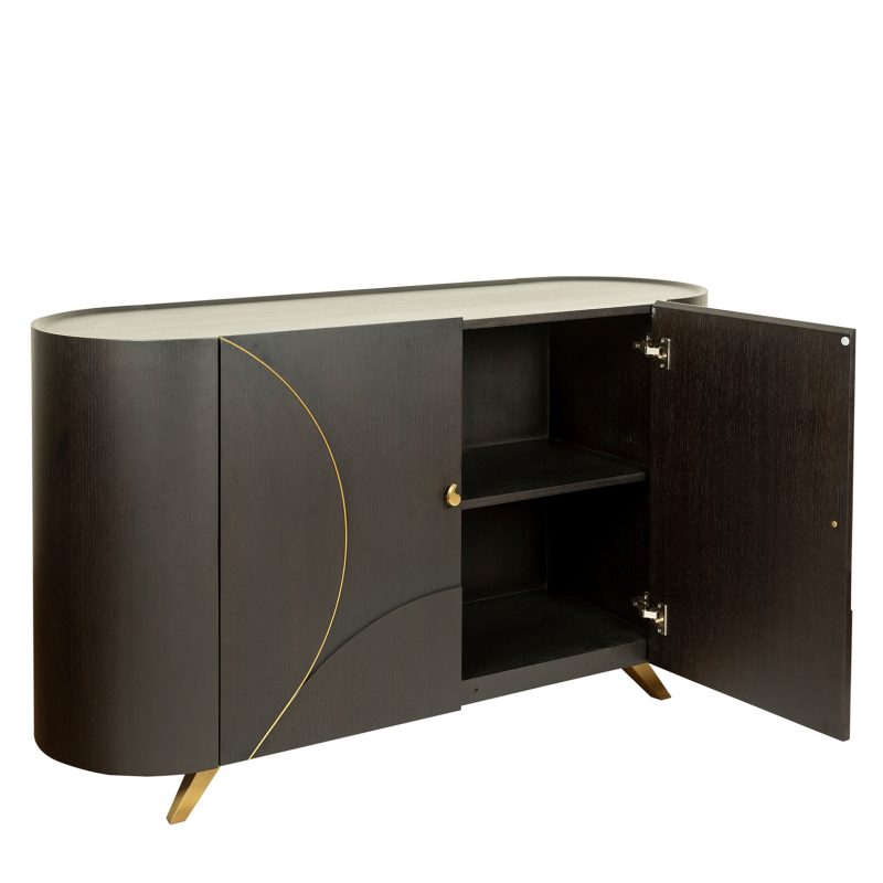 Curved Wood Cabinet with Brass Inlay Detailing