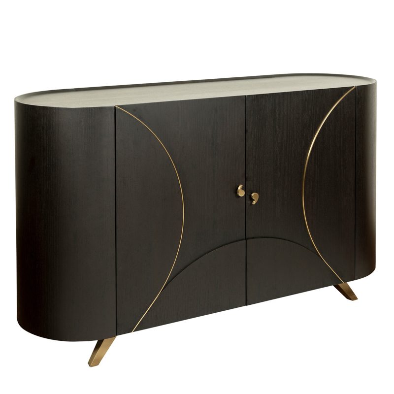 Curved Wood Cabinet with Brass Inlay Detailing