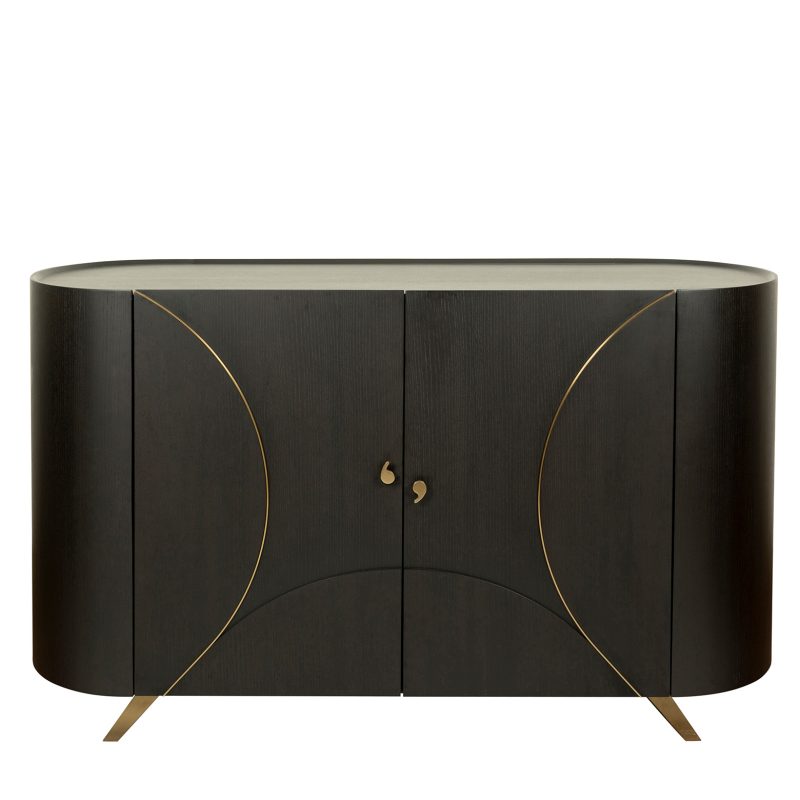Curved Wood Cabinet with Brass Inlay Detailing