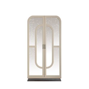 Reflective Wood Cabinet with Arched Mirror Panels
