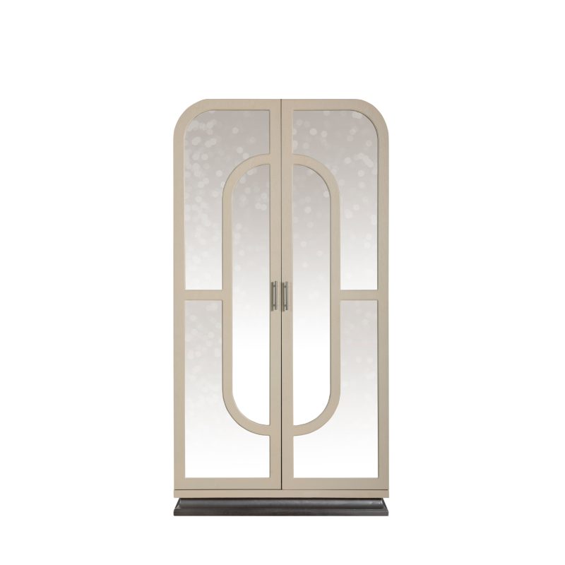 Reflective Wood Cabinet with Arched Mirror Panels