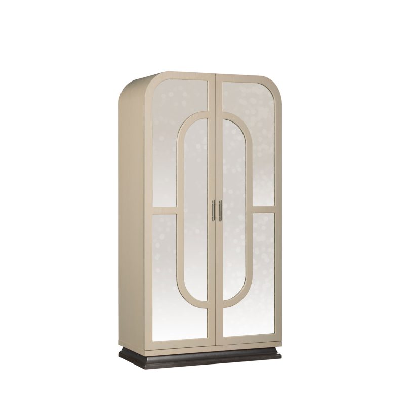Reflective Wood Cabinet with Arched Mirror Panels