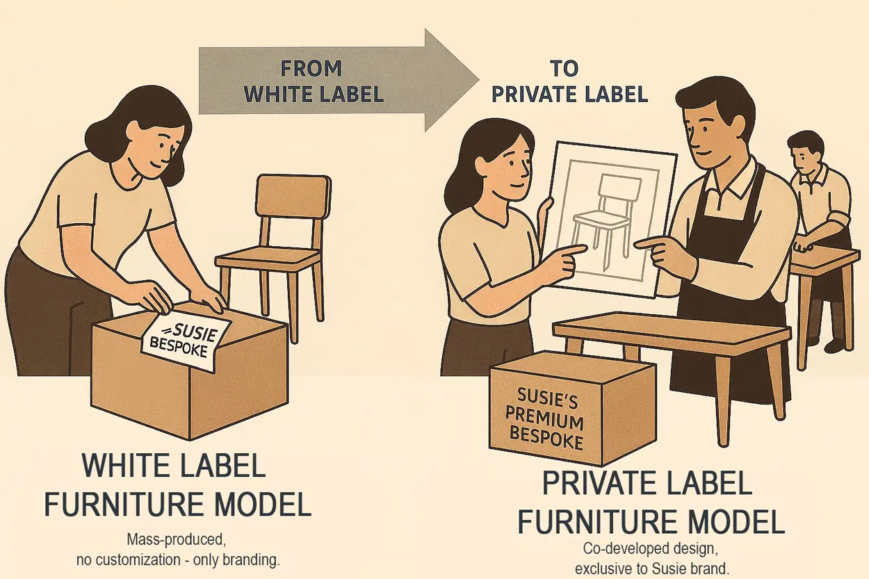 Illustration showing Susie transitioning from white label furniture manufacturing to private label design
