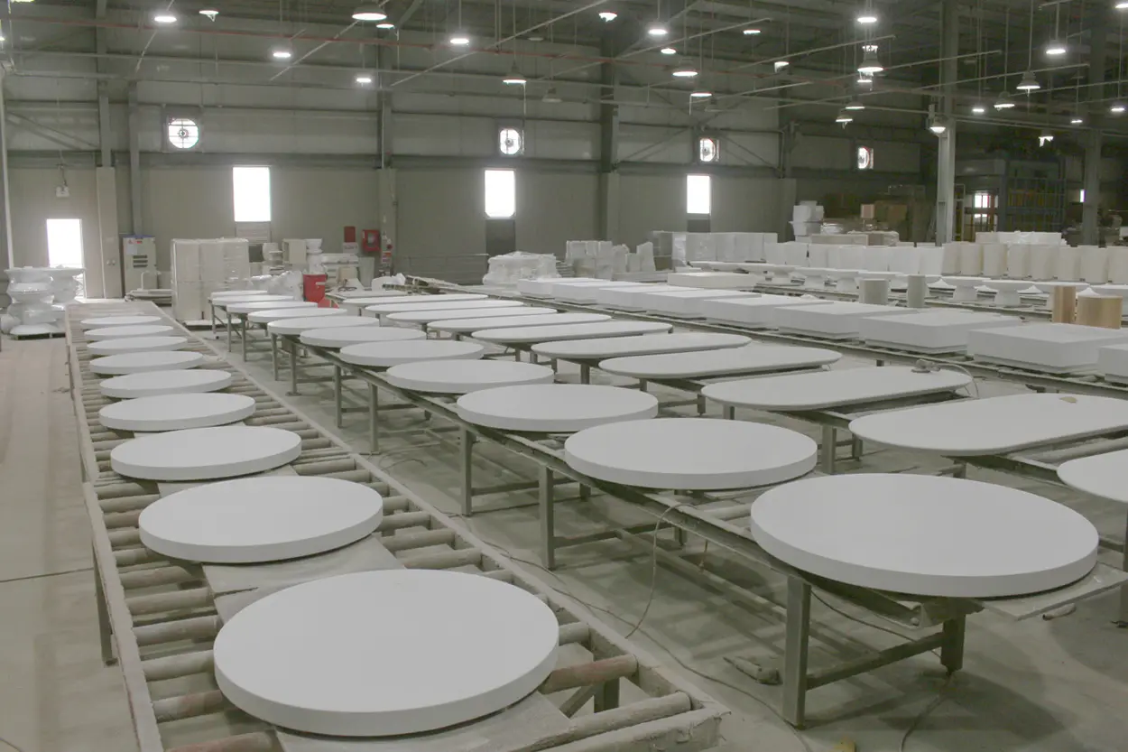 White label furniture manufacturer Aurora Craft producing GFRC furniture on a modern production line in Vietnam