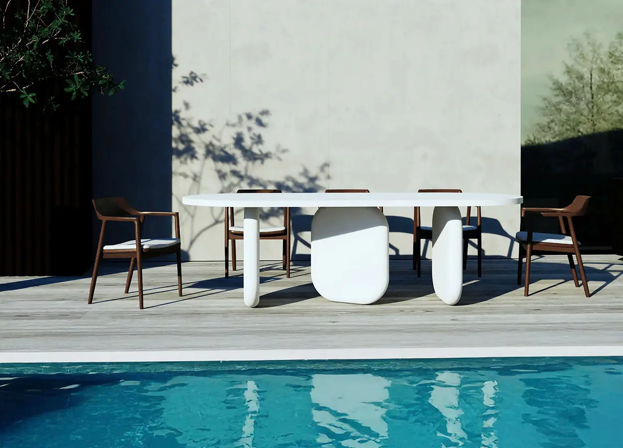 Best patio set by Aurora Craft featuring a GFRC outdoor table and chairs designed for hotel and resort outdoor spaces