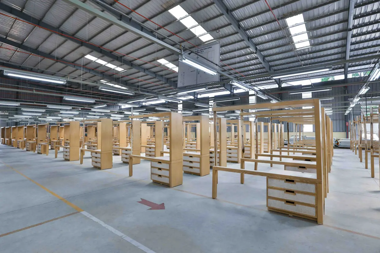 Large-scale contract furniture production at Tran Duc Furnishings, a top Vietnam furniture manufacturer focused on hospitality and resort projects.