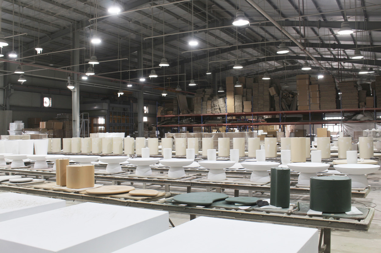 Hotel furniture wholesale production at Aurora Craft’s factory, showing an in-house GFRC manufacturing line
