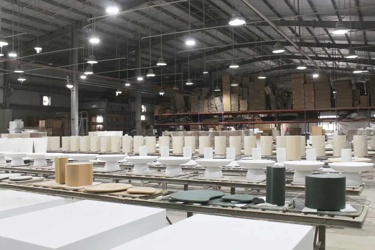 Hotel furniture wholesale production at Aurora Craft’s factory, showing an in-house GFRC manufacturing line