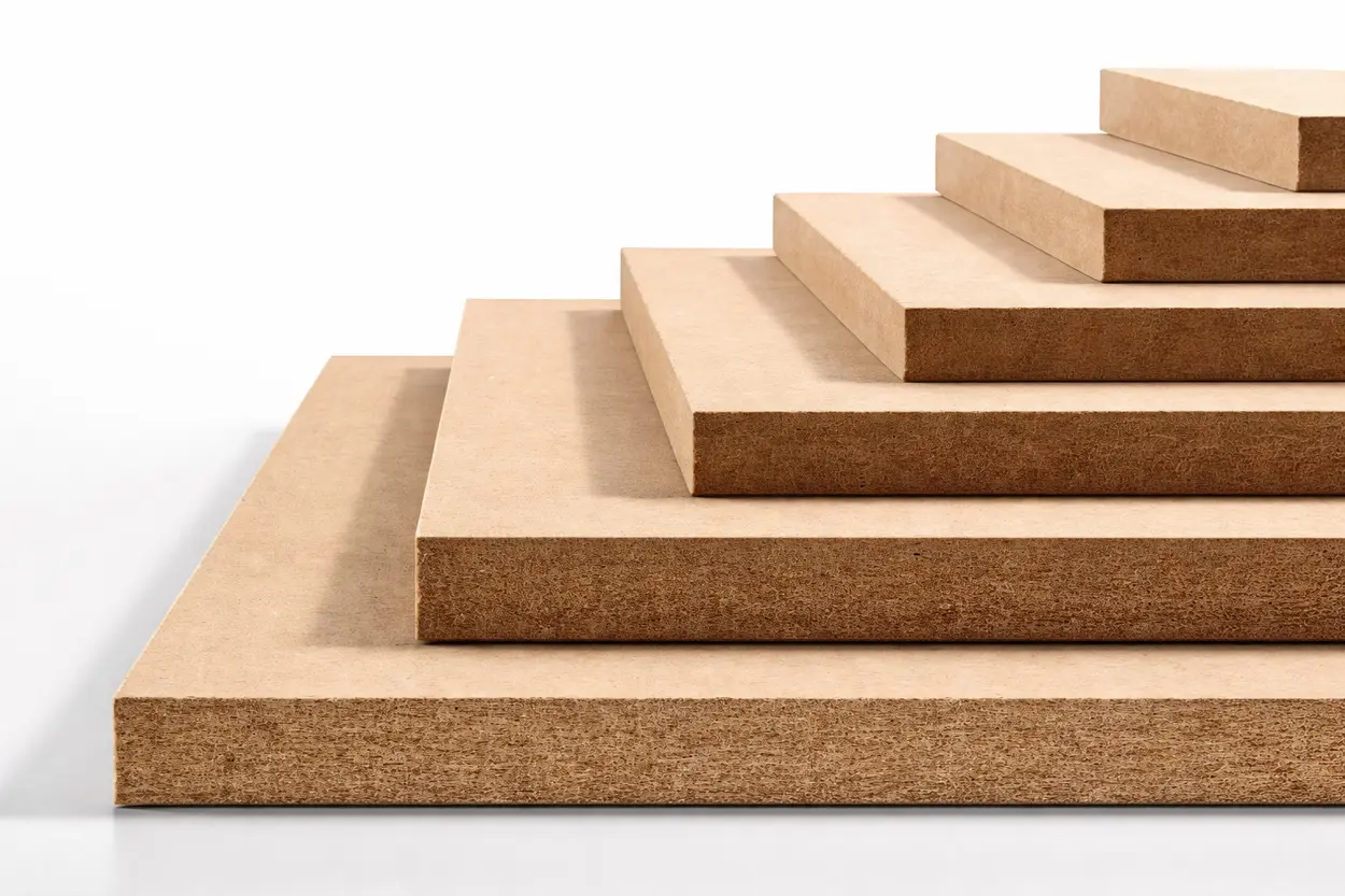 Definition of MDF wood showing uniform fiber structure and smooth compressed edges in stacked MDF boards