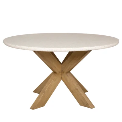 Round Terrazzo-Finish Fibercement Dining Table with X-Frame Wooden Base