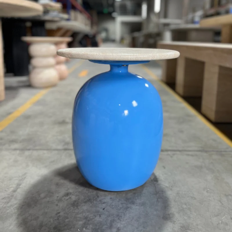Vibrant Egg-Shaped GFRC Side Table with Natural Stone Top