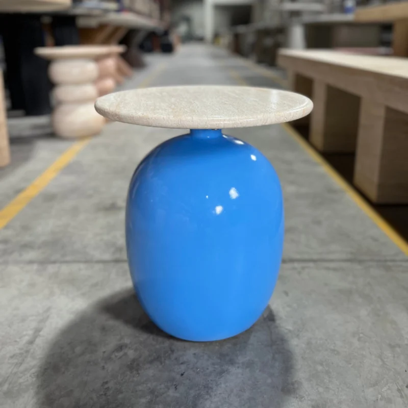 Vibrant Egg-Shaped GFRC Side Table with Natural Stone Top