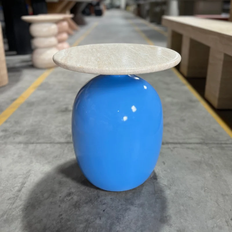 Vibrant Egg-Shaped GFRC Side Table with Natural Stone Top