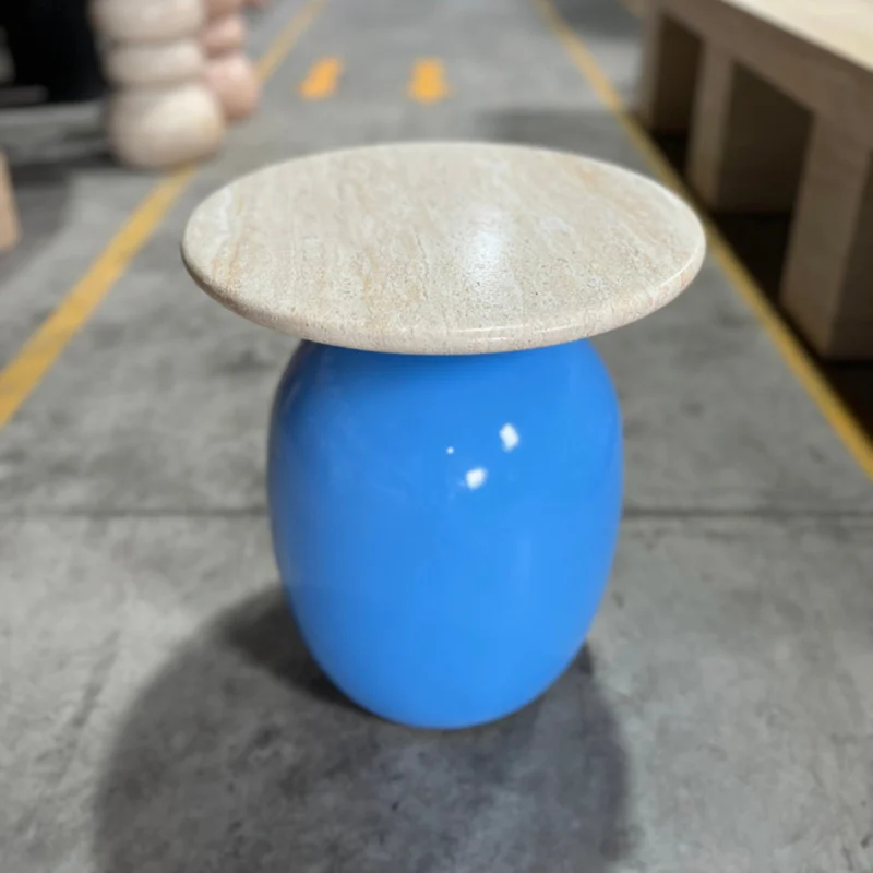 Vibrant Egg-Shaped GFRC Side Table with Natural Stone Top
