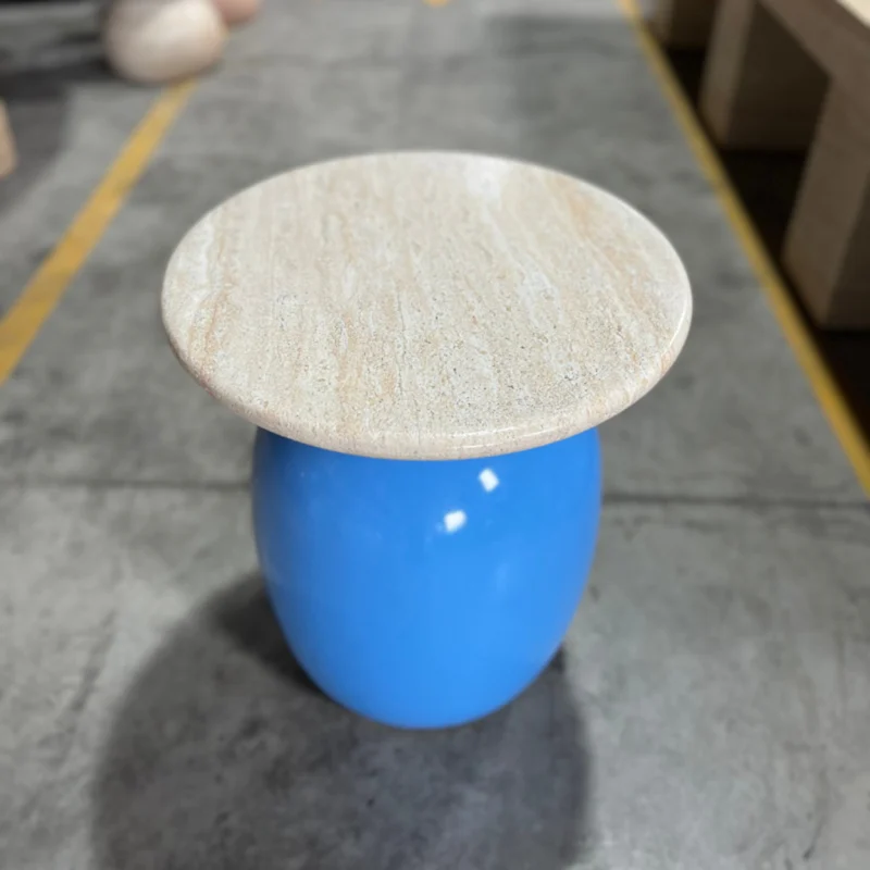Vibrant Egg-Shaped GFRC Side Table with Natural Stone Top