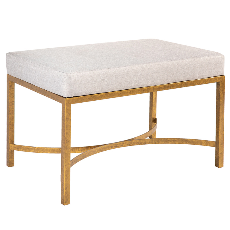 Iron Ottoman Bench with Upholstered Cushion and Curved Cross Stretcher Base