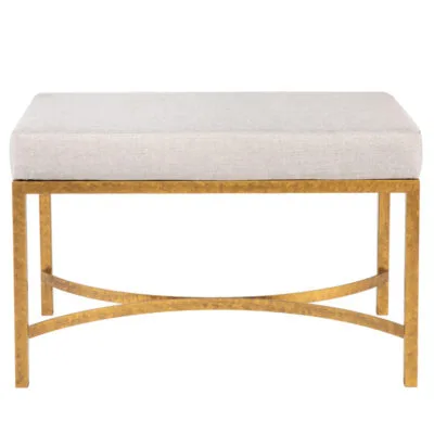 Iron Ottoman Bench with Upholstered Cushion and Curved Cross Stretcher Base