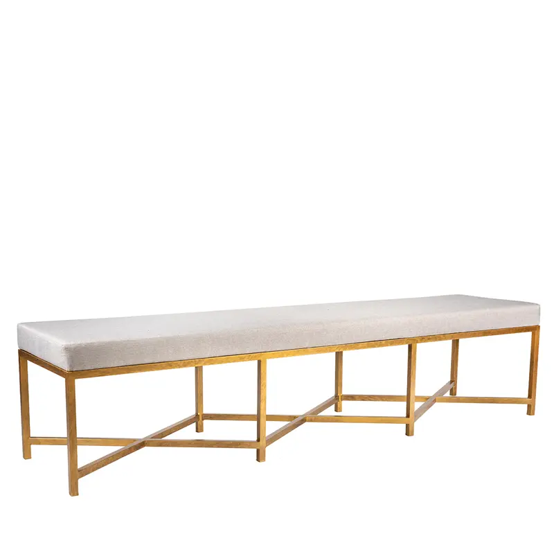 Modern Iron Bench with Upholstered Cushion and Double Geometric Cross Stretcher Base