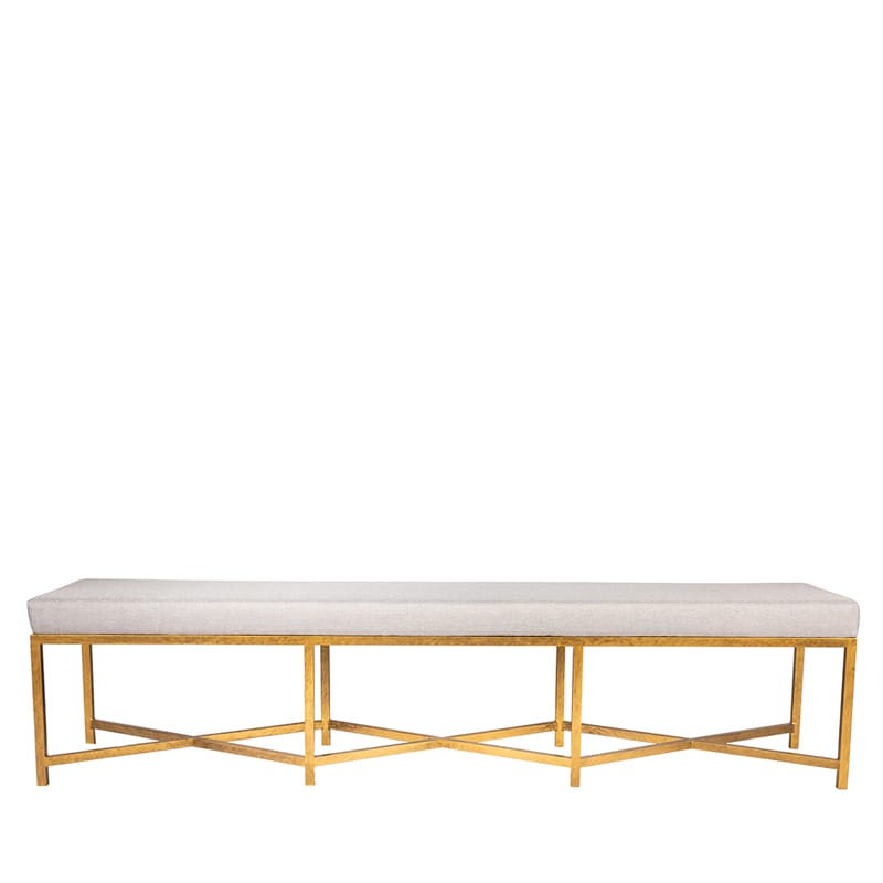 Modern Iron Bench with Upholstered Cushion and Double Geometric Cross Stretcher Base