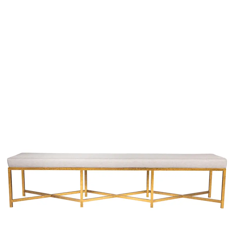 Modern Iron Bench with Upholstered Cushion and Double Geometric Cross Stretcher Base