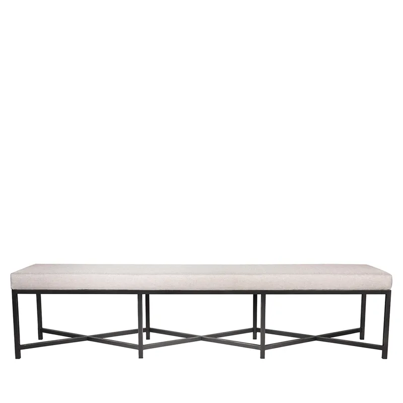 Modern Iron Bench with Upholstered Cushion and Double Geometric Cross Stretcher Base