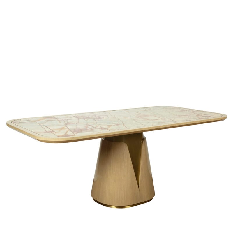 Modern Stone Dining Table with Sculptural Wood Pedestal Base