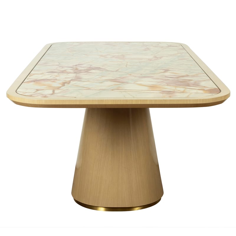 Modern Stone Dining Table with Sculptural Wood Pedestal Base