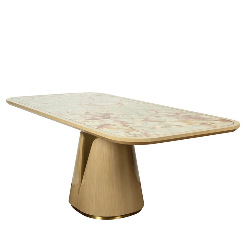 Modern Stone Dining Table with Sculptural Wood Pedestal Base