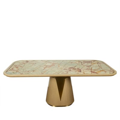 Modern Stone Dining Table with Sculptural Wood Pedestal Base