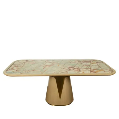 Modern Stone Dining Table with Sculptural Wood Pedestal Base