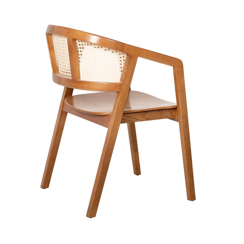 Solid Wood Dining Chair with Curved Cane Backrest and Sculpted Wooden Seat