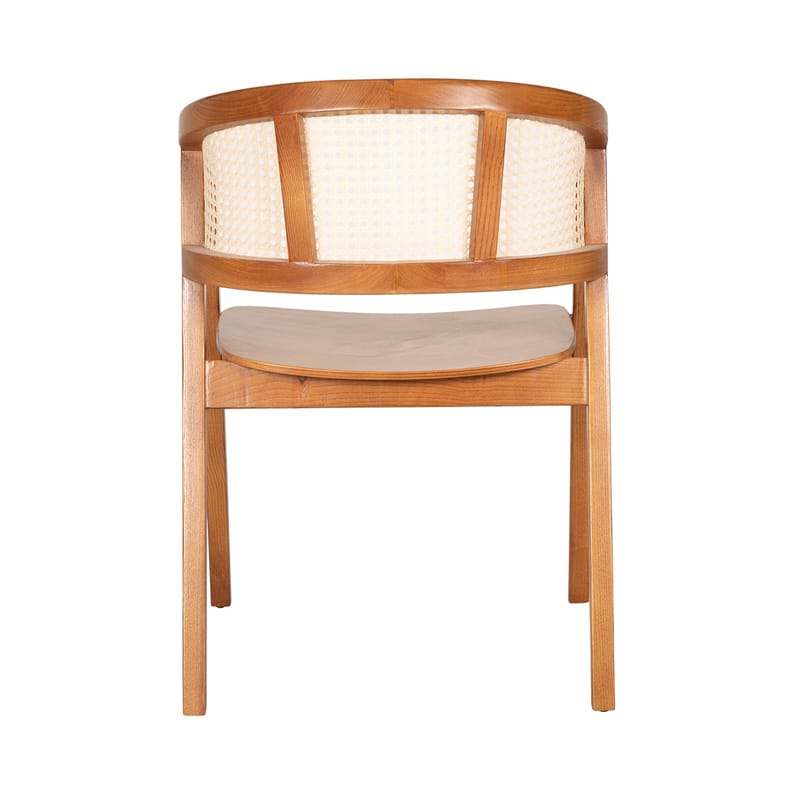 Solid Wood Dining Chair with Curved Cane Backrest and Sculpted Wooden Seat