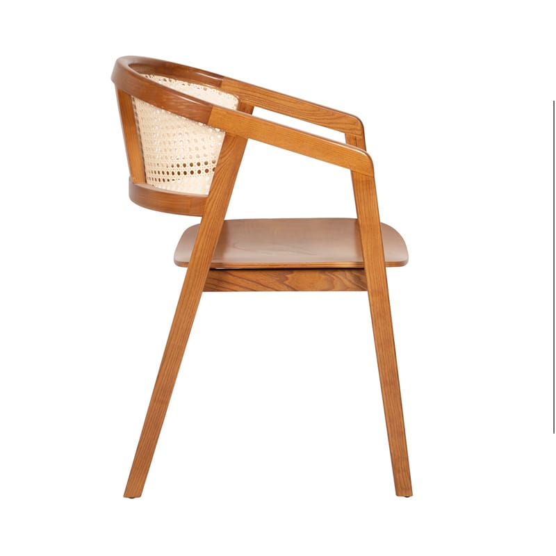 Solid Wood Dining Chair with Curved Cane Backrest and Sculpted Wooden Seat