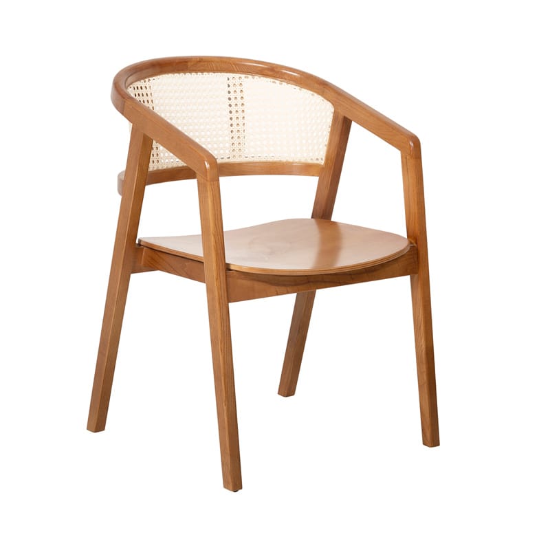Solid Wood Dining Chair with Curved Cane Backrest and Sculpted Wooden Seat