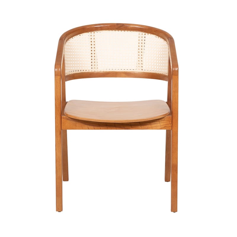 Solid Wood Dining Chair with Curved Cane Backrest and Sculpted Wooden Seat