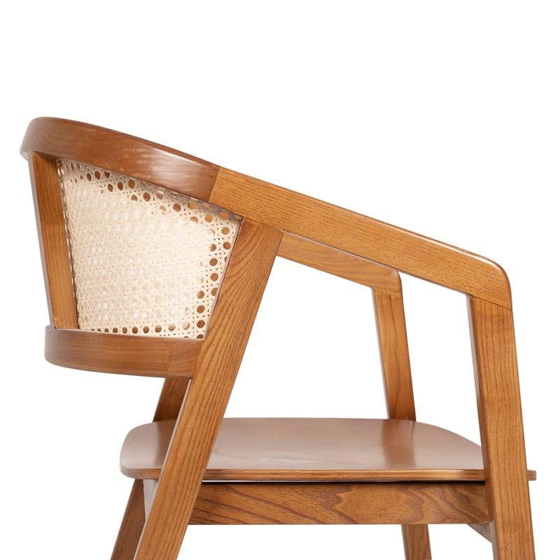 Solid Wood Dining Chair with Curved Cane Backrest and Sculpted Wooden Seat