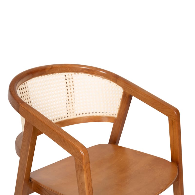 Solid Wood Dining Chair with Curved Cane Backrest and Sculpted Wooden Seat