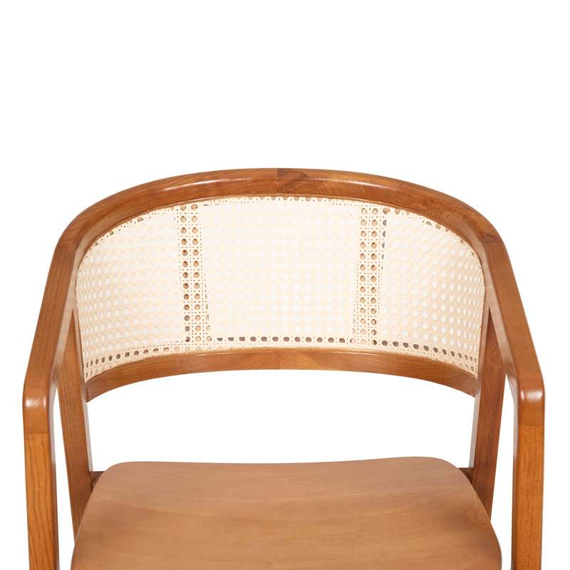 Solid Wood Dining Chair with Curved Cane Backrest and Sculpted Wooden Seat