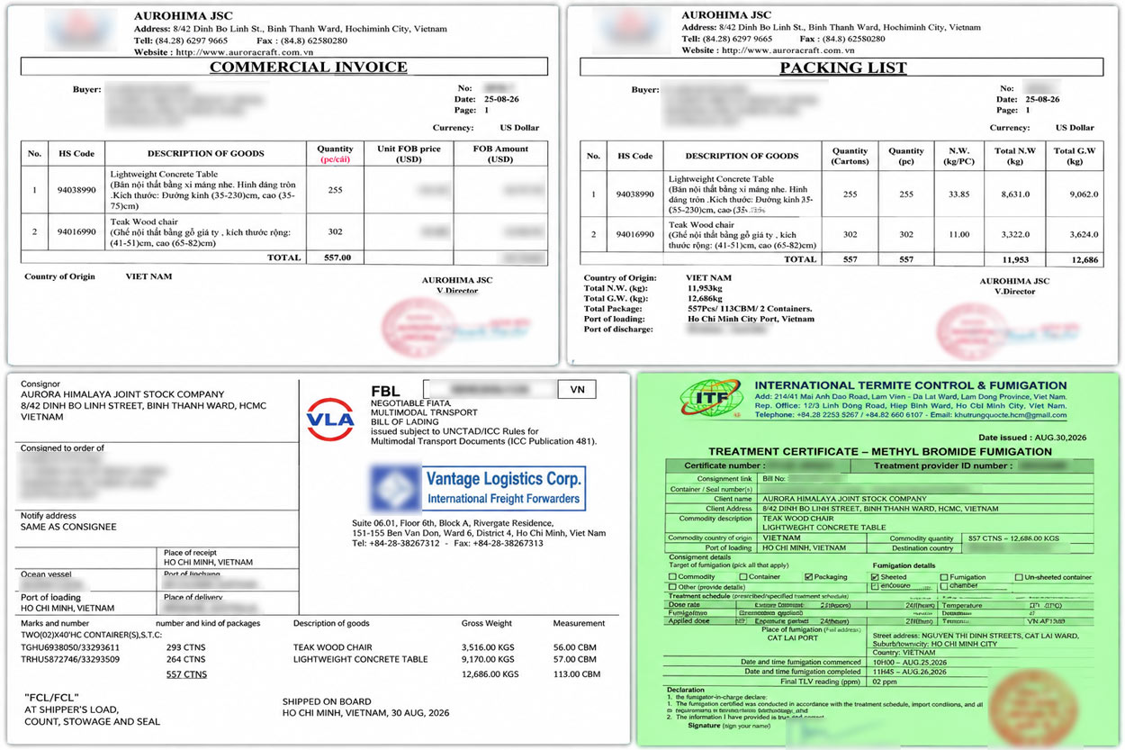 Sample furniture export documents including commercial invoice, packing list, bill of lading and fumigation certificate