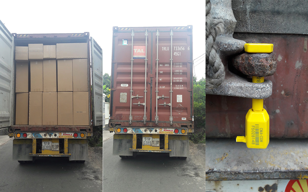 Furniture export logistics in Vietnam showing a loaded shipping container, closed container doors, and security seal