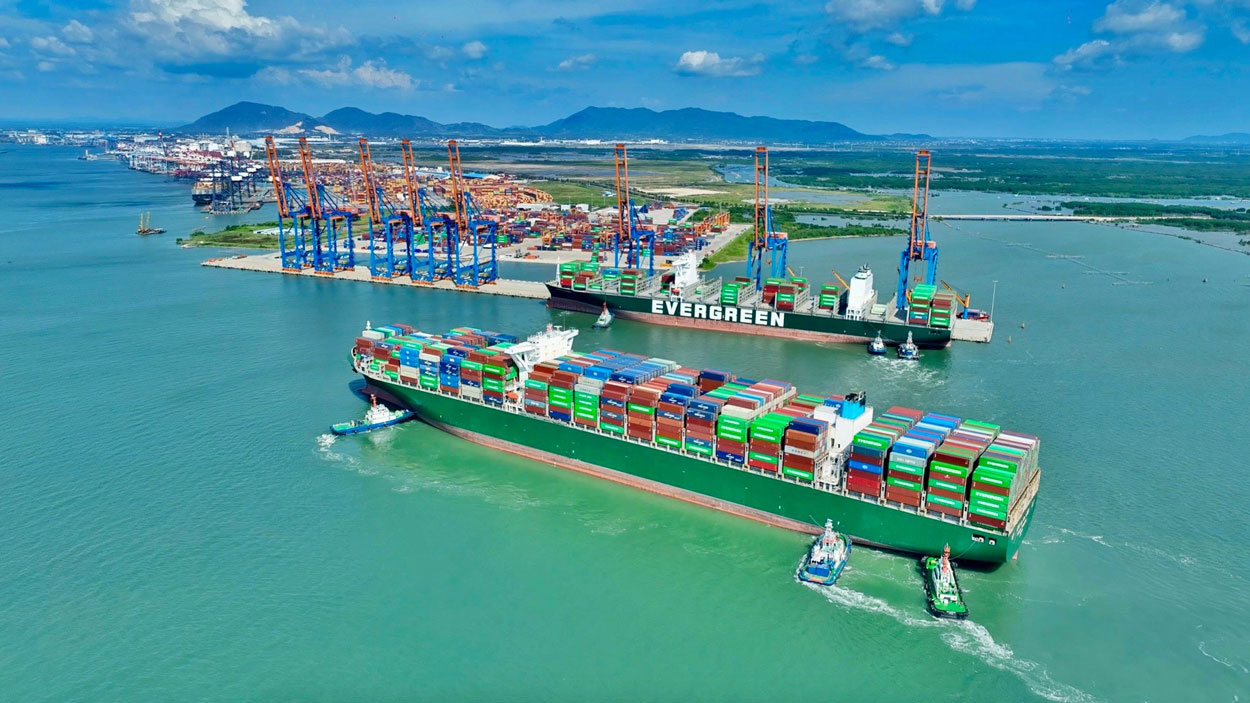 Container ships operating near a seaport with cargo cranes and container terminals